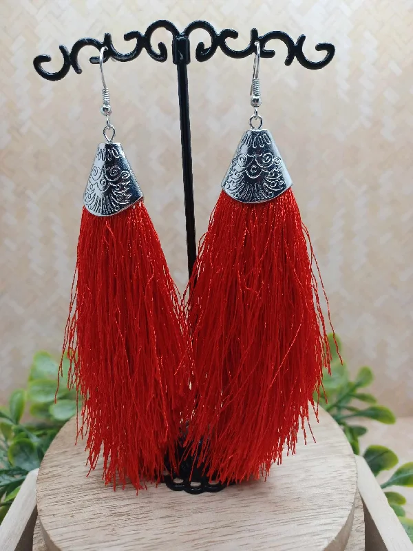 Red Tassel Earrings w/ Silver Detailing