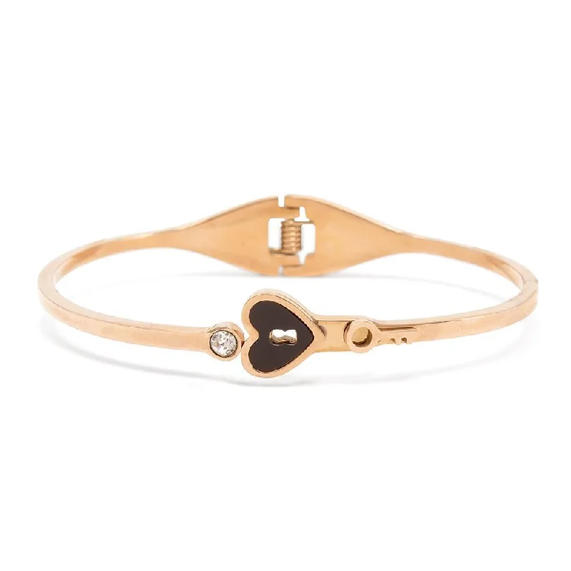 Stainless Steel Bangle Heart Key Onyx Crystal Rose Gold Plated