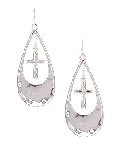 Silver Textured Earrings w/ Cross