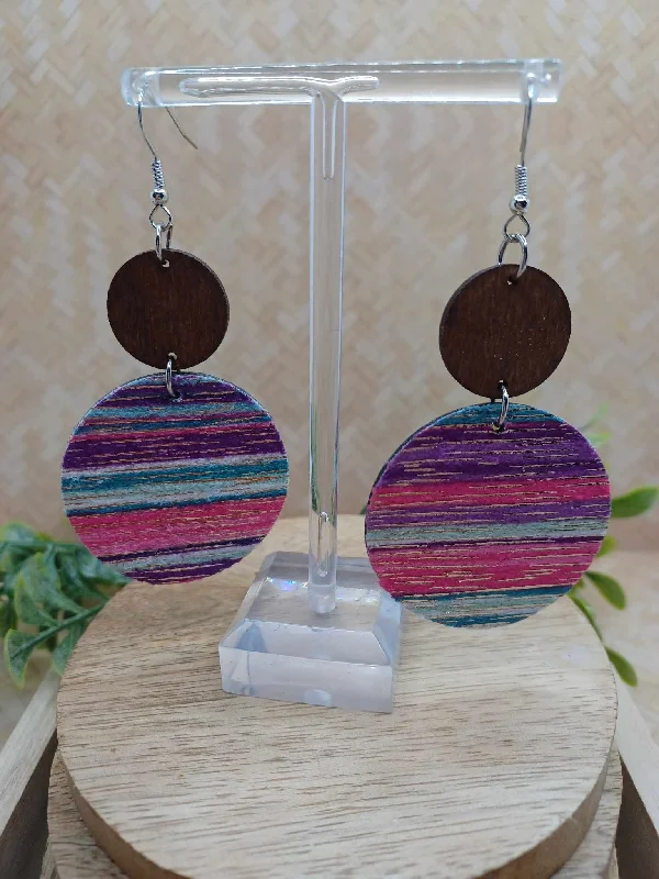 Pink, Purple, Green, White, & Gold Striped Style Earrings w/ Wooden Accents