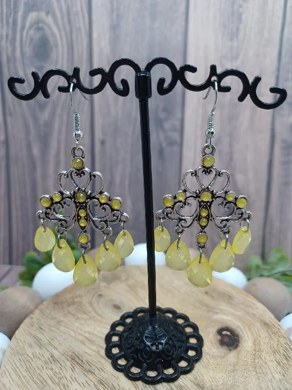 Silver Earrings w/ Yellow Rhinestones & Beading