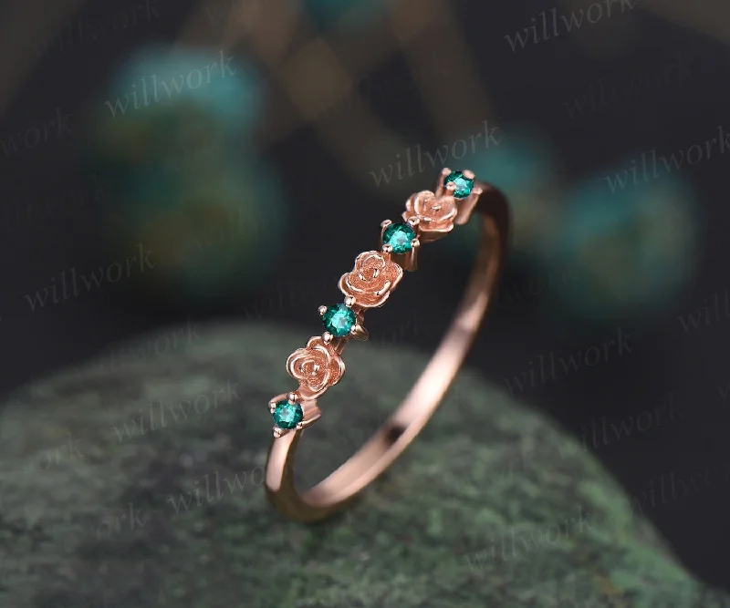 Dainty flower emerald wedding band solid 14k rose gold stacking unique vintage wedding ring band for women gemstone anniversary ring gift