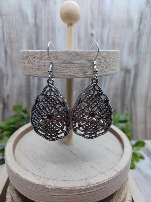 Silver Filigree Style Earrings w/ Red Rhinestone