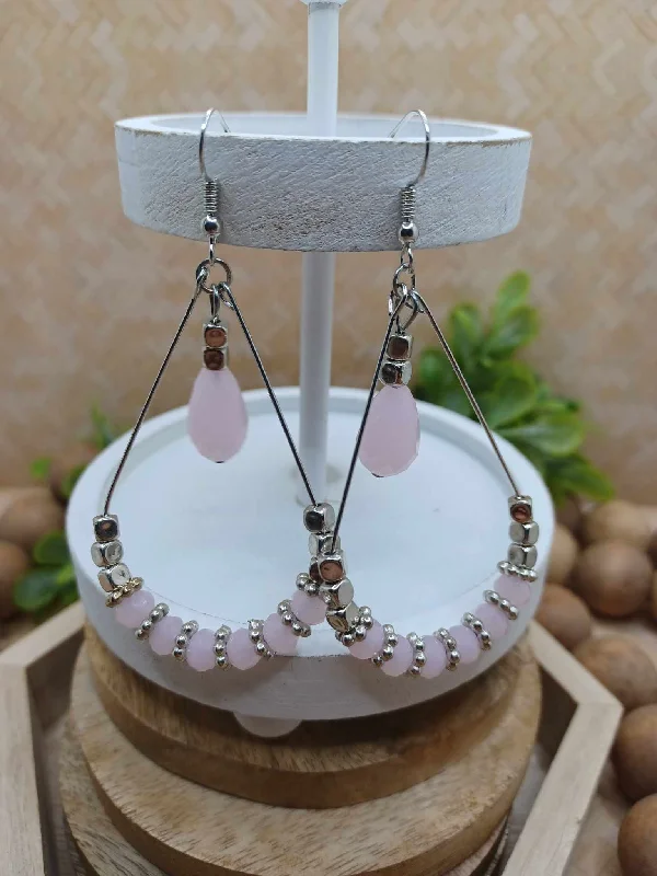 Silver Teardrop Style Earrings w/ Pale Pink & Silver Beading