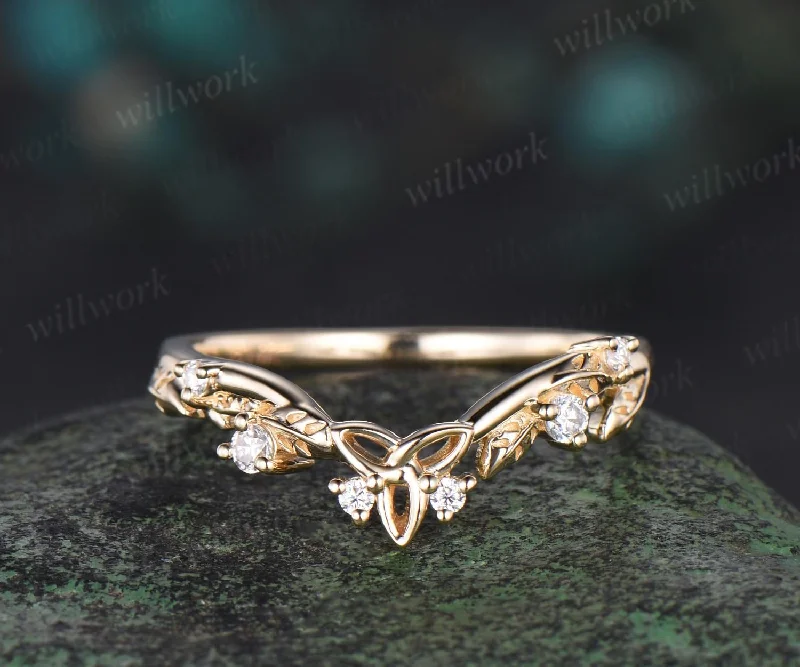 Celtic knot leaf diamond wedding band solid 14k yellow gold stacking matching bridal anniversary ring gift Norse Viking Jewelry