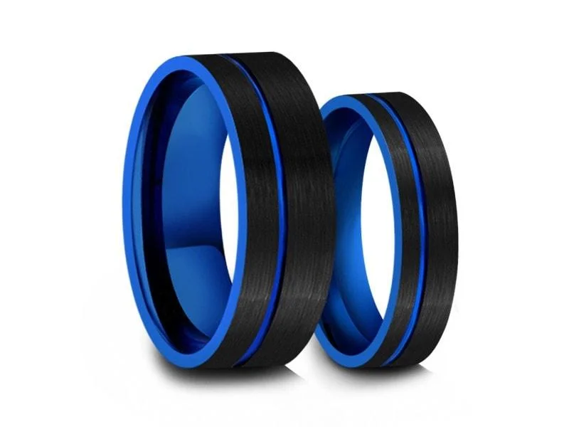 6MM/8MM BRUSHED BLACK Tungsten Wedding Band SET  FLAT AND BLUE INTERIOR