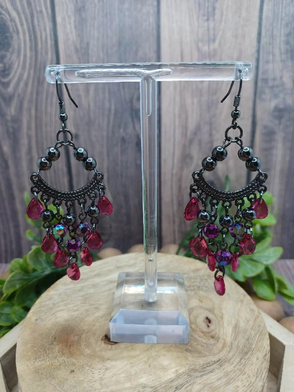 Gunmetal Earrings w/ Hot Pink & Oil Spill Beading