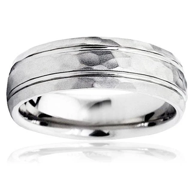 Hammered 6mm Mens Wedding Band White Gold