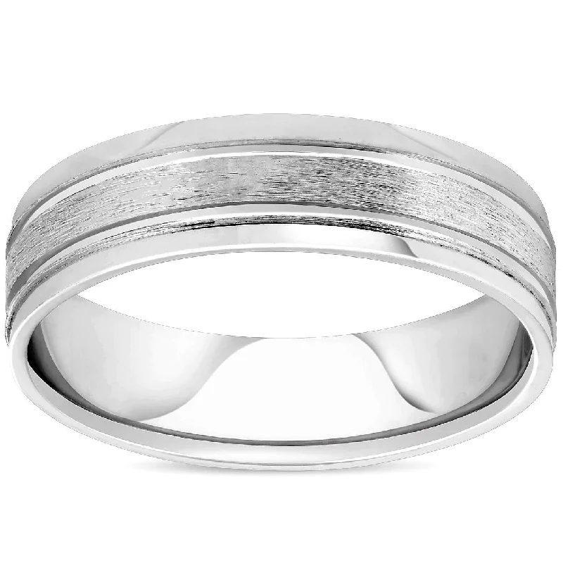 6mm Mens Brushed Flat Wedding Band White Gold