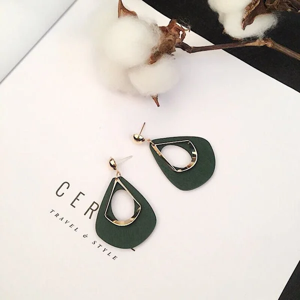 Green Wooden Tear Drop Earrings