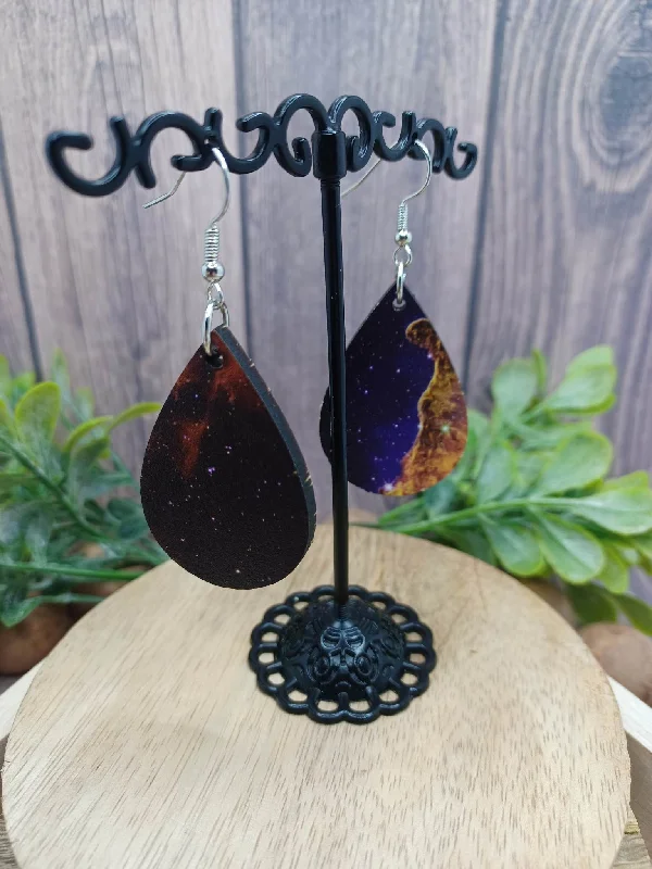 Purple Galaxy Style Wooden Earrings