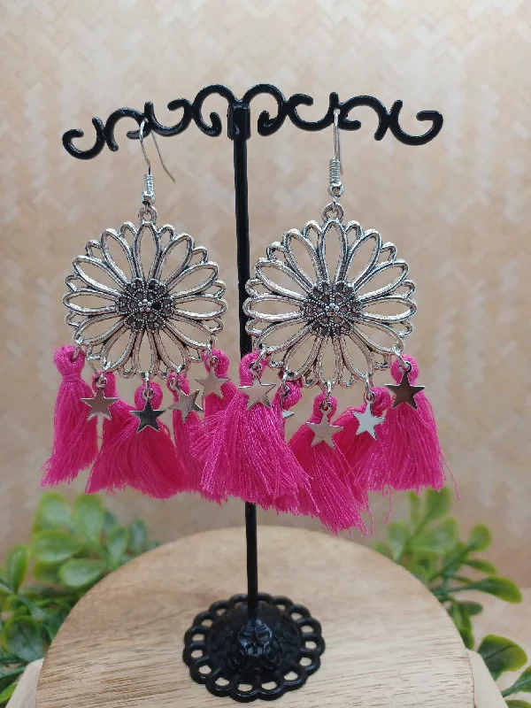 Silver Flower Earrings w/ Stars & Hot Pink Fringe