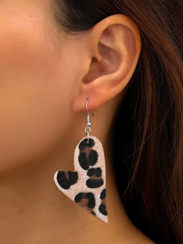 Light Tan Leopard Elongated Heart Earrings