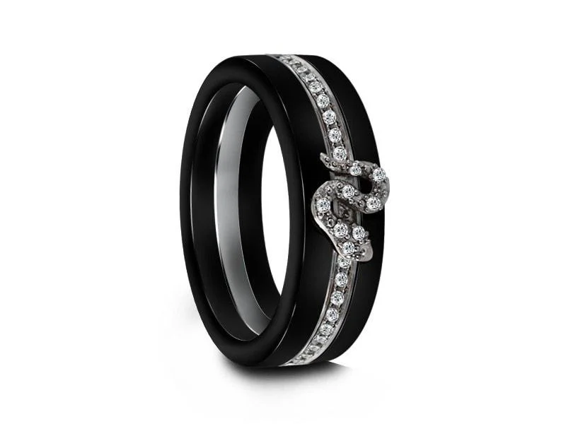 6MM BLACK CERAMIC WEDDING BAND FLAT AND ETERNITY CZ SILVER SNAKE