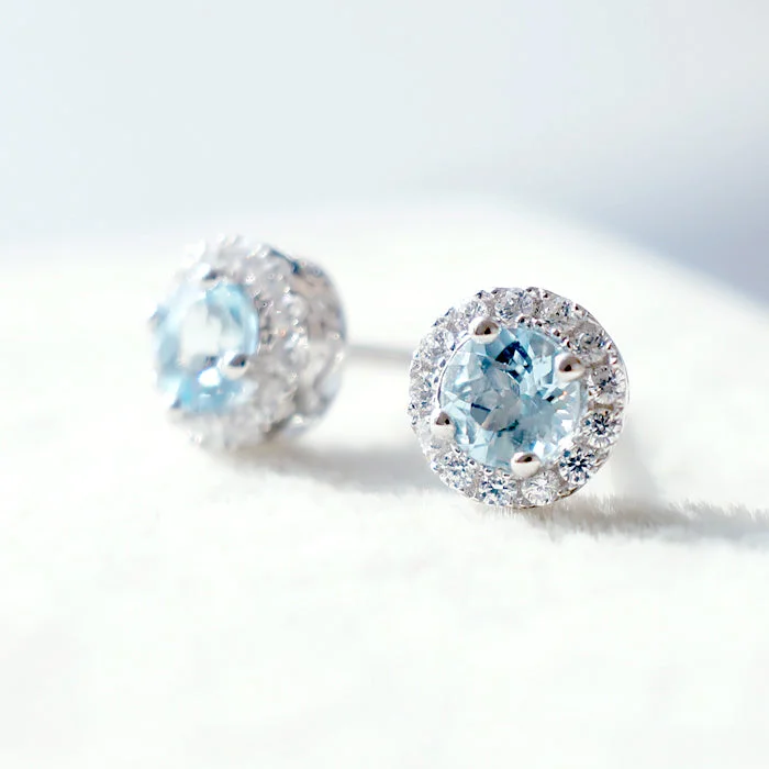 Round Aquamarine Stud Earrings with Diamond Halo in White Gold Plated Sterling Silver