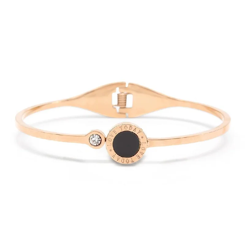 Stainless Steel Bangle Round Onyx Crystal Rose Gold Plated