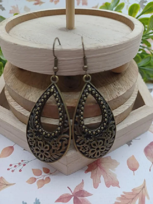 Brass Teardrop Style Earrings w/ Floral Pattern