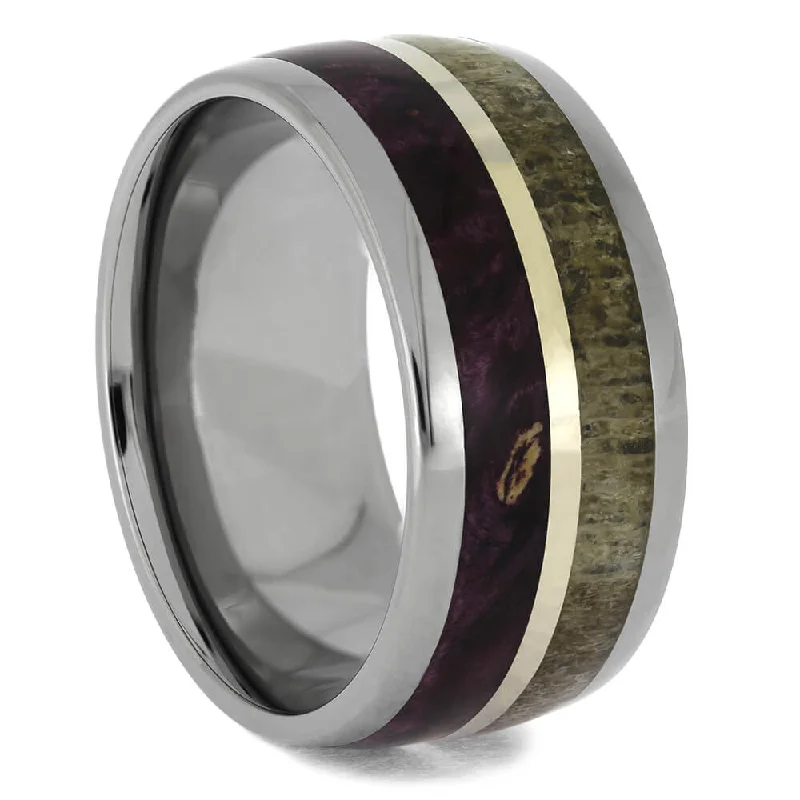 Antler and Purple Wood Wedding Band with Gold Pinstripe