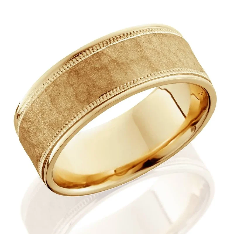 8mm Hammered Mens Wedding Band 14K Yellow Gold