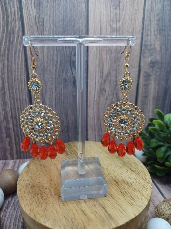 Red Chandelier Beaded Earrings w/ Rhinestones