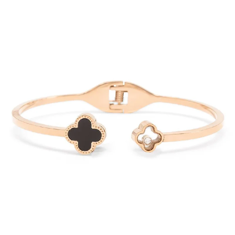 Stainless Steel Bangle Onyx Cross CZ Rose Gold Plated