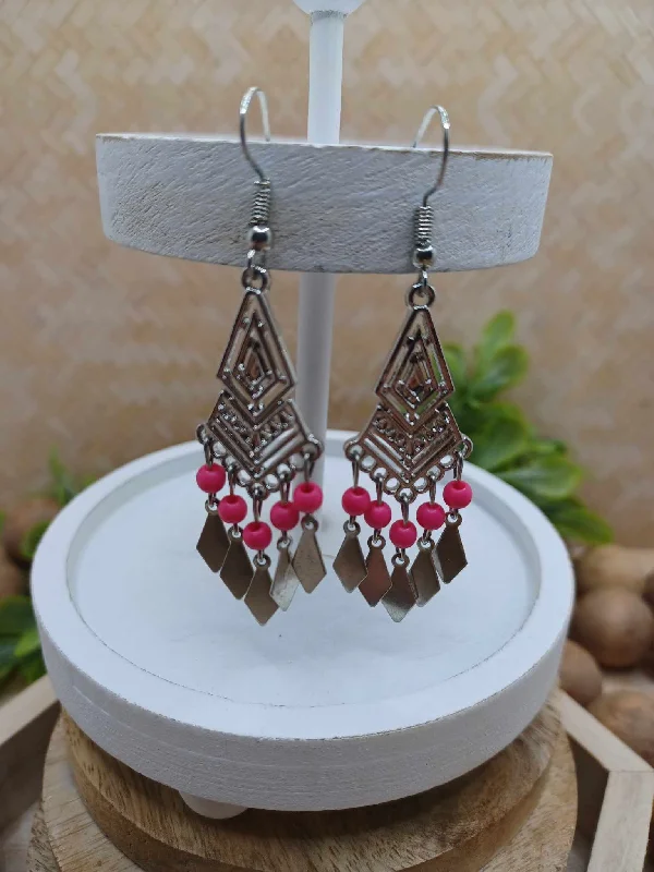 Silver Patterned Earrings w/ Hot Pink Beading