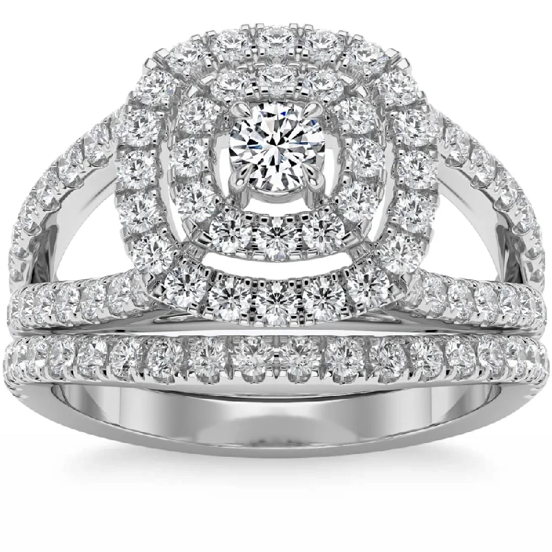 1 3/4Ct Natural Diamond Cushion Halo Engagement Wedding Ring Set in Gold