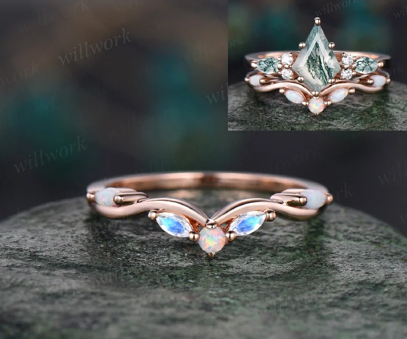 Vintage Curved moonstone opal wedding band 14k rose gold art deco stacking wedding ring band women birthstone anniversary ring gift