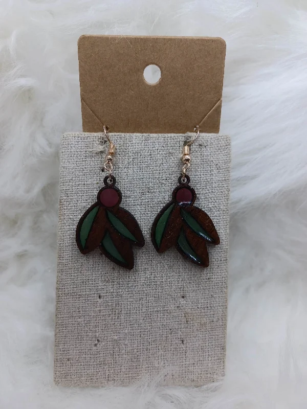 Wooden Leaf Earrings w/ Green & Pink Detailing