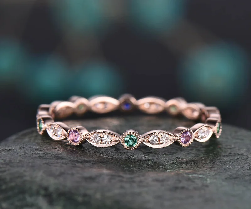 Natual emerald wedding ring full eternity amethyst diamond wedding band 14k rose gold matching stacking May birthstone ring anniversary gift