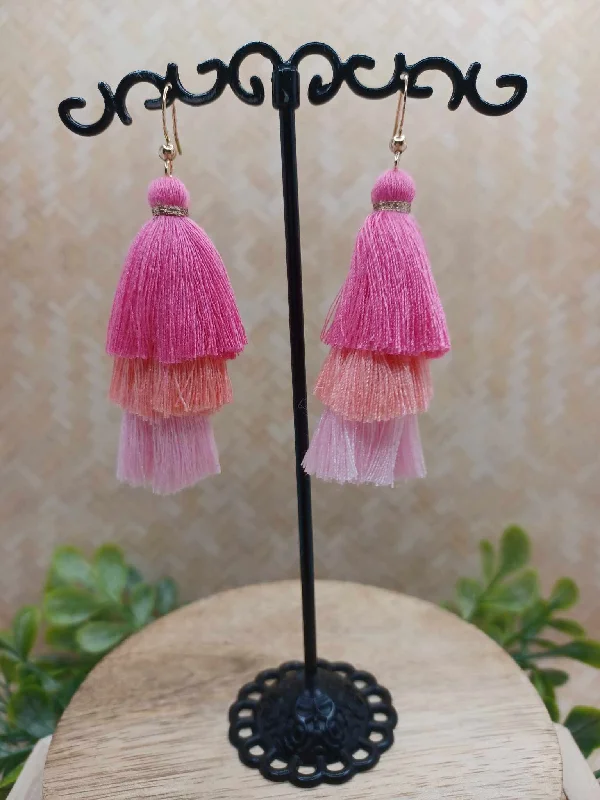 Pink Gradient Triple Tassel Earrings