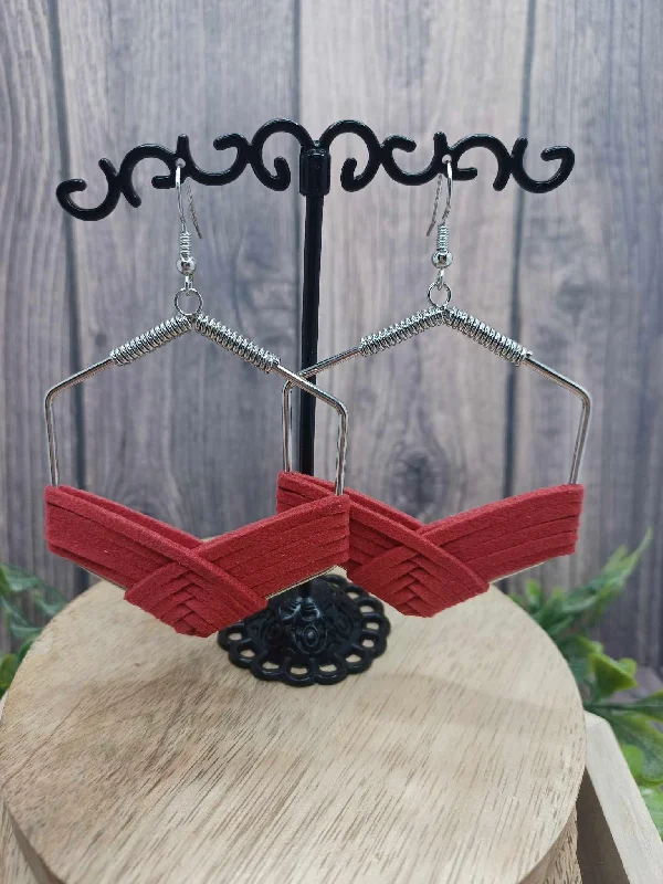 Silver Geometric Earrings wrapped w/ Red Suede