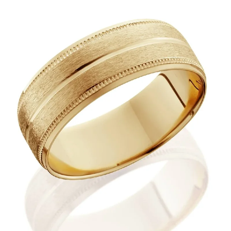 9mm 14K Yellow Gold Mens Brushed Double Line Mens Wedding Band 9mm Ring