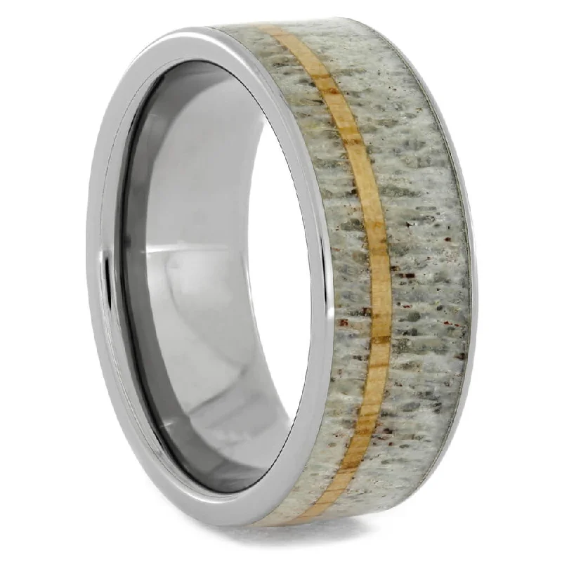 Antler Wedding Band with Oak Wood Pinstripe