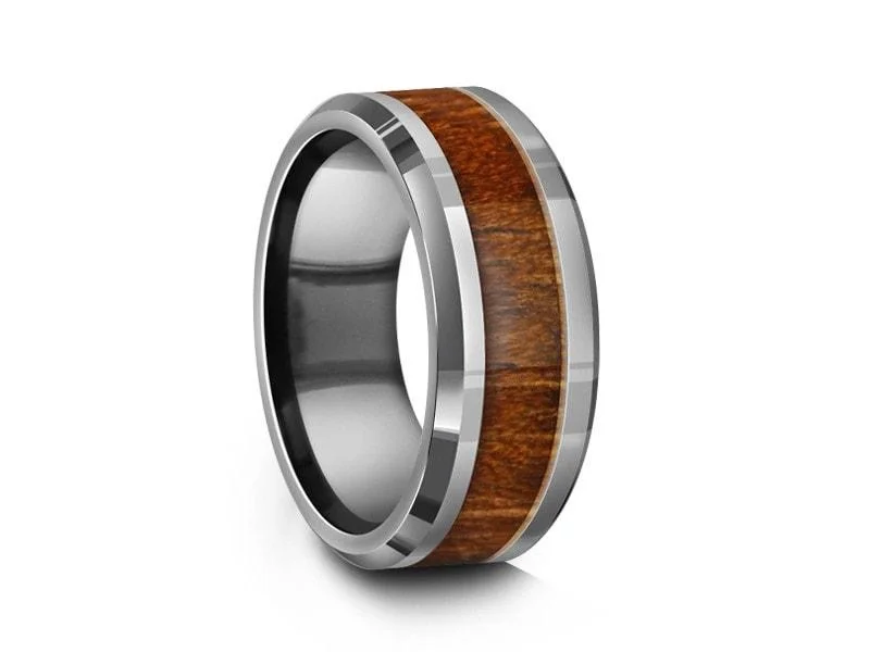 8MM HAWAIIAN Koa Wood Tungsten Wedding Band BEVELED AND GRAY INTERIOR