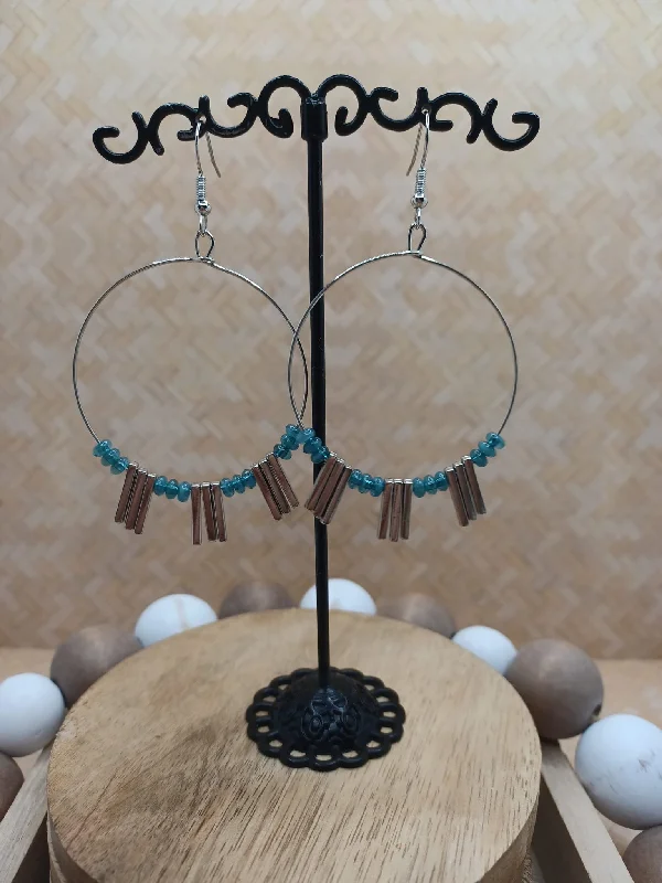 Silver Circle Style Earrings w/ Blue Beading & Silver Dangle Beads