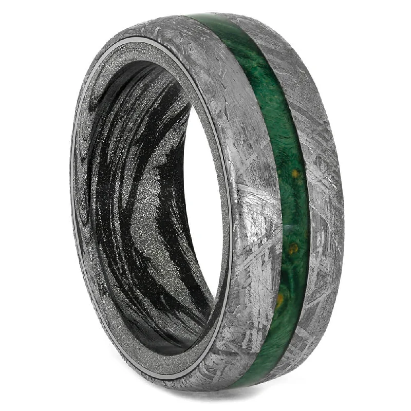 Green Wood Wedding Band with Meteorite and Mokume