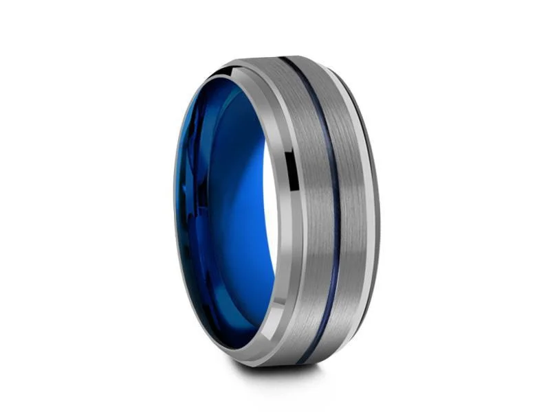 8MM GRAY  TUNGSTEN WEDDING BAND BLUE CENTER AND BLUE INTERIOR