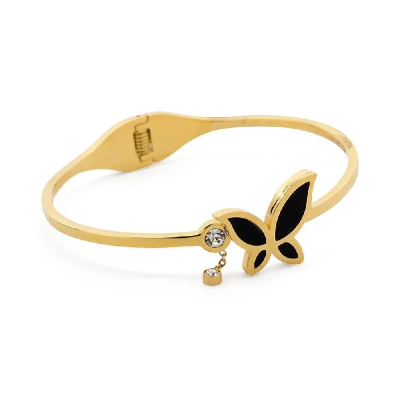 Stainless Steel Bangle Onyx Butterfly CZ Gold Plated