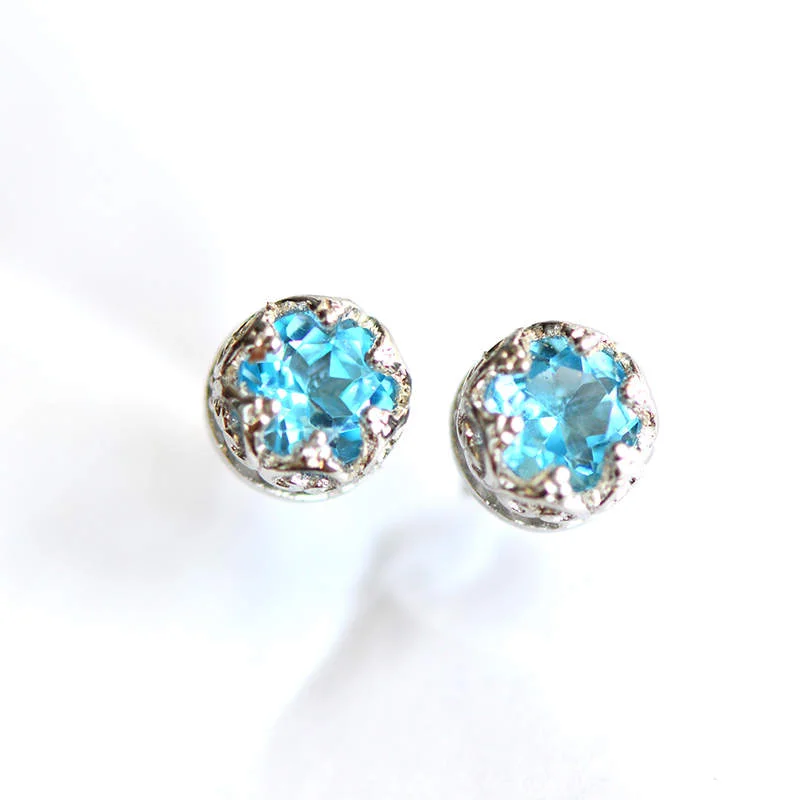 Blue Topaz Stud Earrings in Sterling Silver November Birthstone Handmade Jewelry