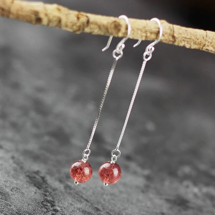 Sterling Silver Strawberry Quartz Crystal Drop Earrings Handmade Jewelry for Women