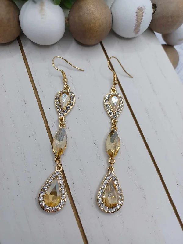 Gold Teardrop Style Earrings w/ White & Champagne Rhinestones