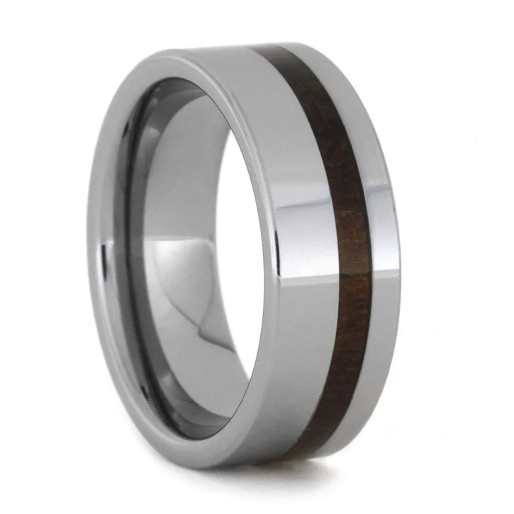 Polished Tungsten Ring with Caribbean Rosewood Inlay