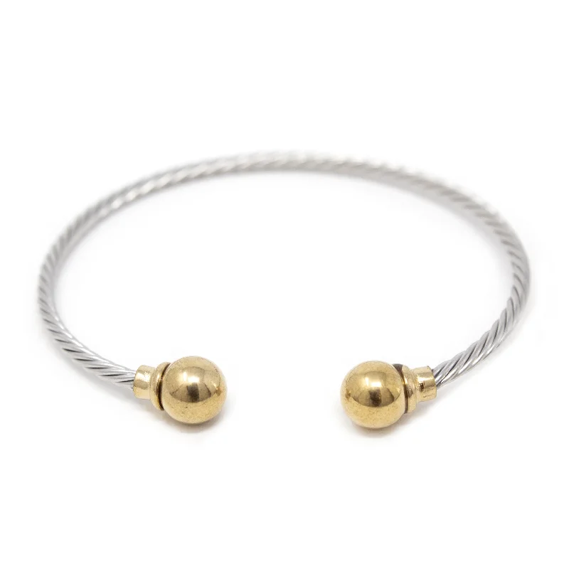 Stainless St Two Tone Cable Bangle Gold Ball