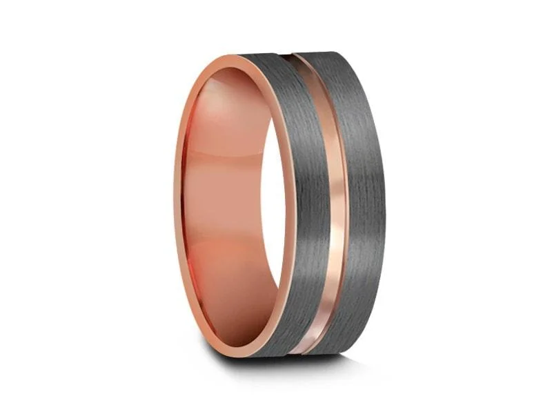 8MM BRUSHED GRAY Tungsten Wedding Band ROSE GOLD CENTER AND ROSE GOLD INTERIOR