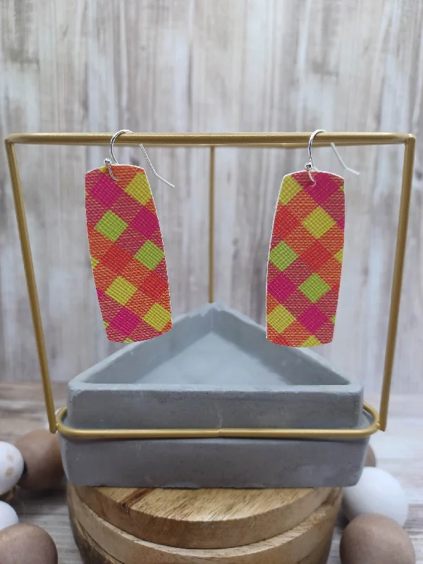 Hot Pink, Yellow, & Green Plaid Leather Style Earrings