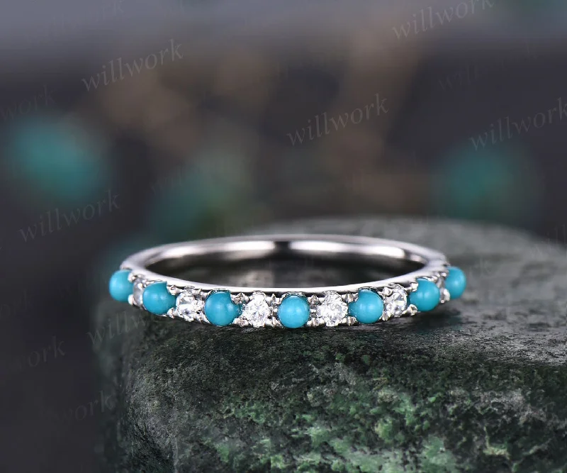 Turquoise wedding ring turquoise wedding band vintage Turquoise ring white gold silver ring for women eternity bridal annniversary ring gift