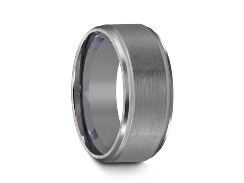 8MM Brushed GRAY GUNMETAL Tungsten Wedding Band RIDGE EDGES AND GRAY INTERIOR