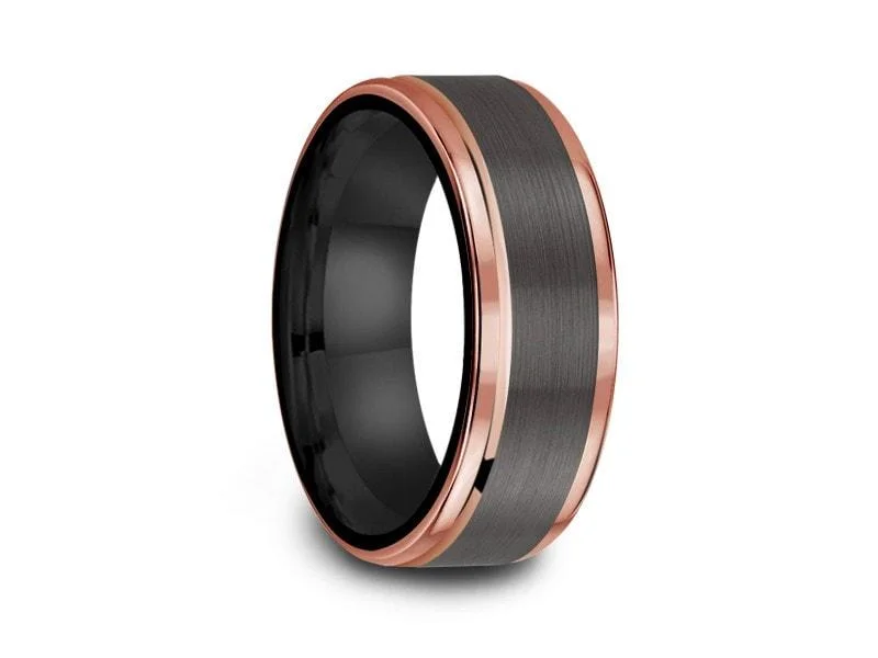 8MM Brushed GRAY GUNMETAL Tungsten Wedding Band ROSE GOLD EDGES AND BLACK INTERIOR