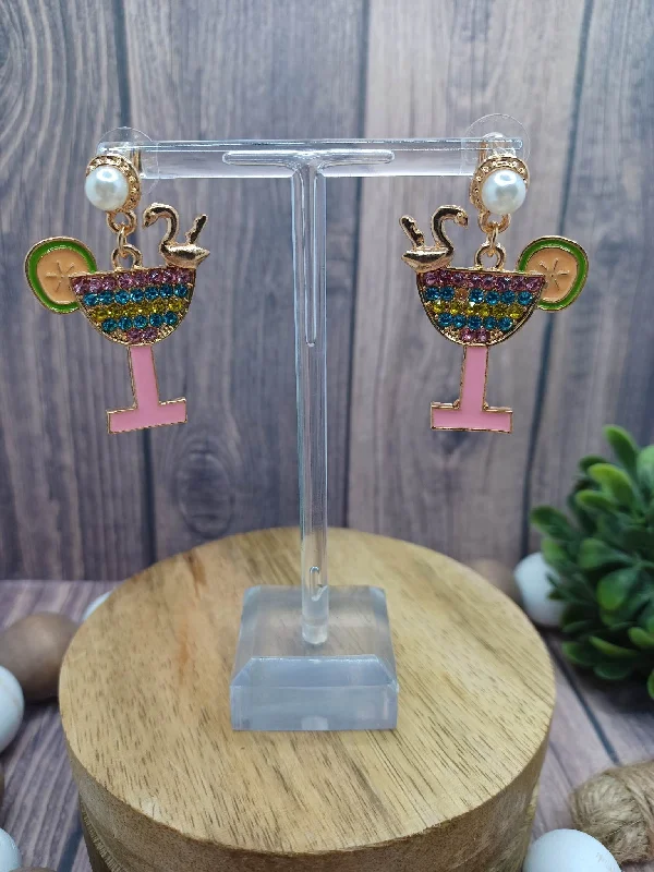 Pink Drink Rhinestone Earrings w/ Lime & Flamingo